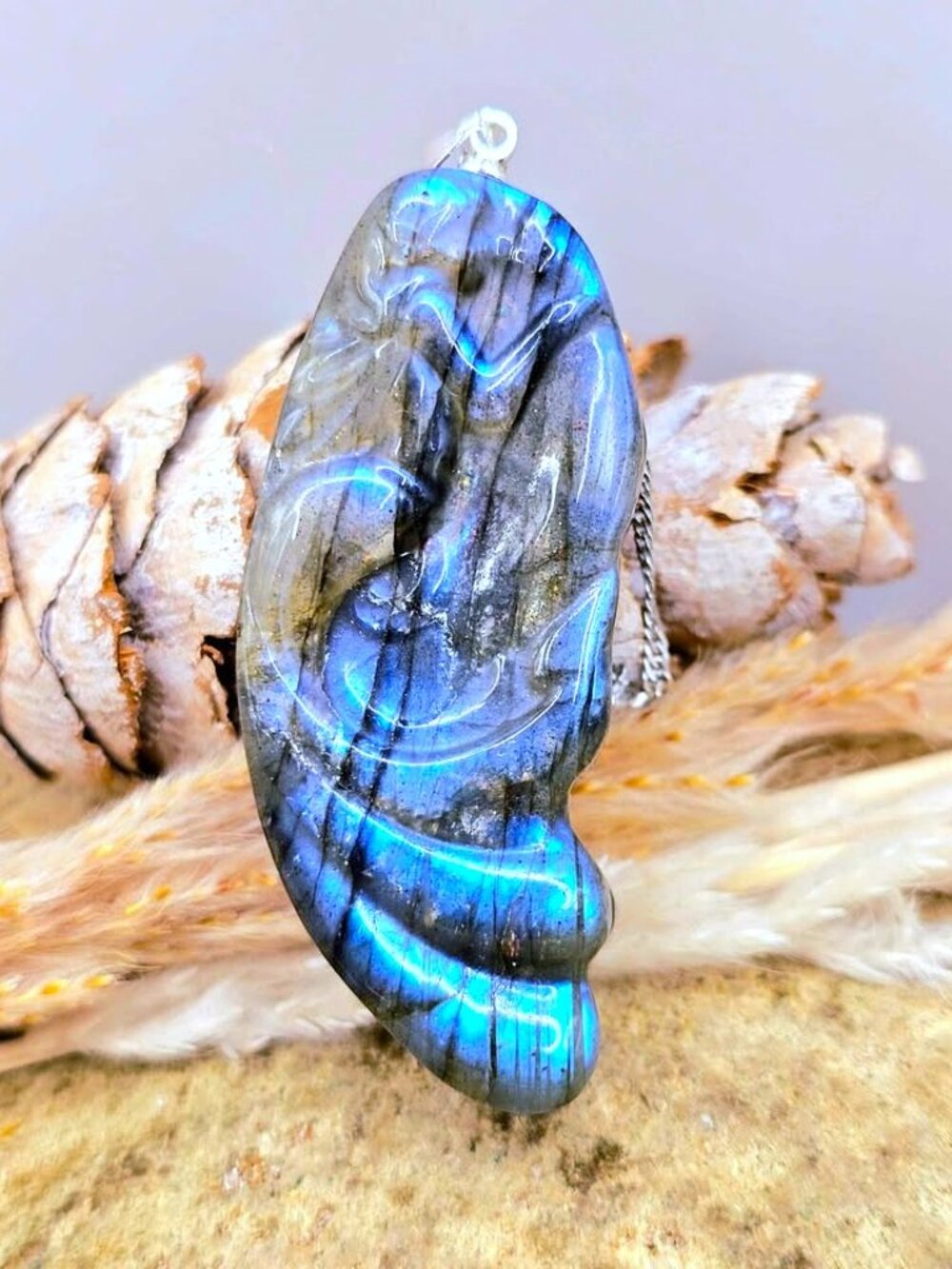 Labradorite Mermaid Pendant • 2" Hand‑Carved Crystal Necklace • Strong Flash